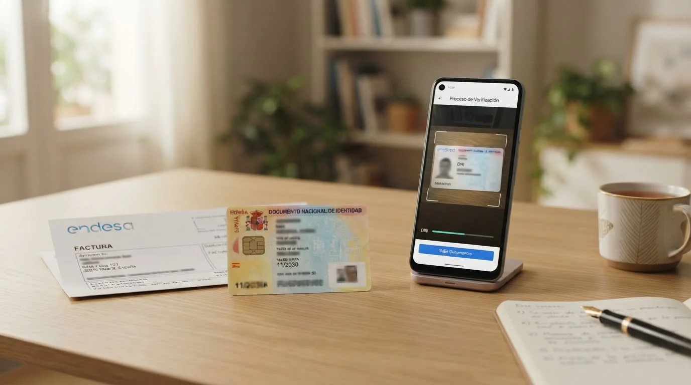 Documento de verificación KYC con DNI y comprobante de domicilio sobre escritorio