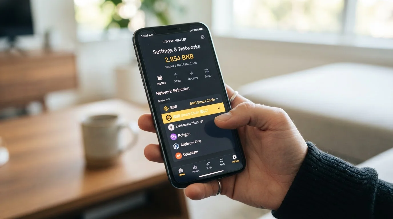 Wallet de criptomonedas mostrando red BNB Smart Chain BEP-20