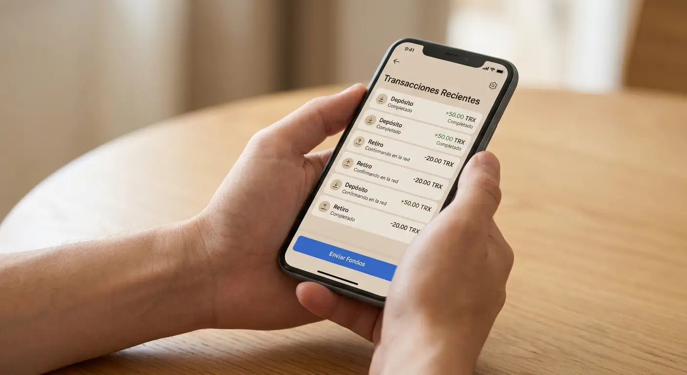 Pantalla de smartphone con aplicación TronLink enviando TRX a dirección de casino